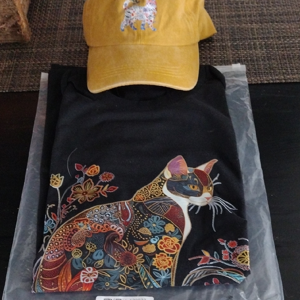 Nwot Black T-shirt And Hat With Cat Design